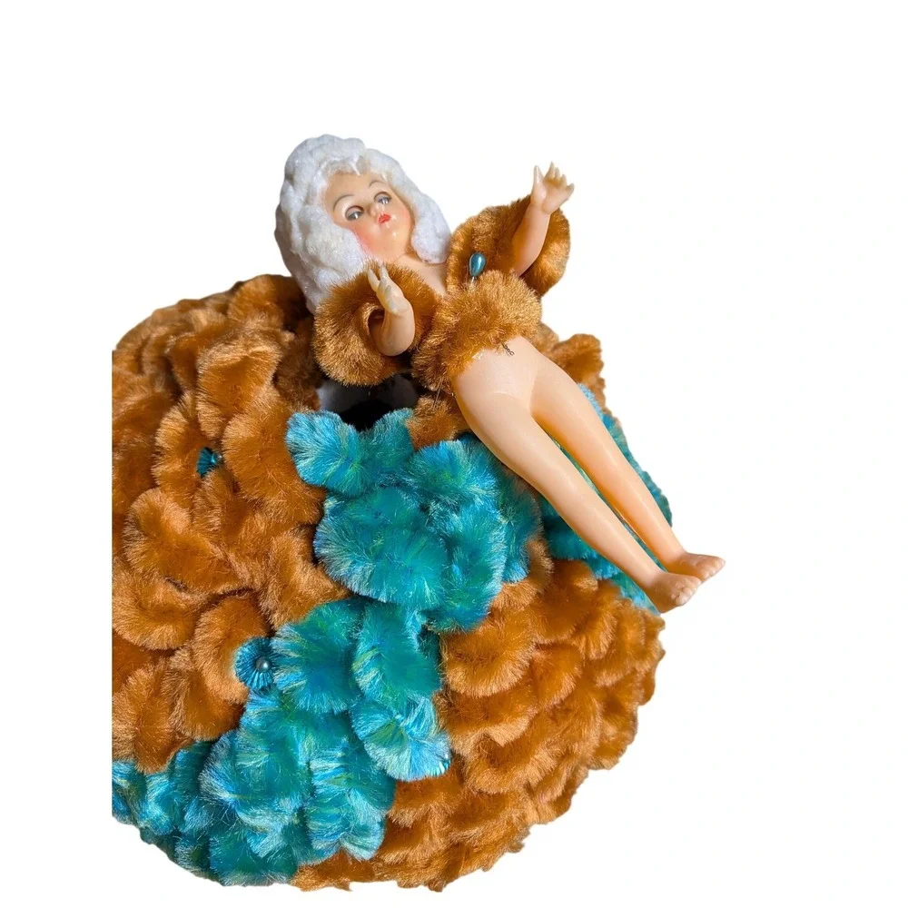 VTG Loopy Chenille Doll Kitsch Boudoir‎ 60s Gold Teal Décor Mid Century Coquette